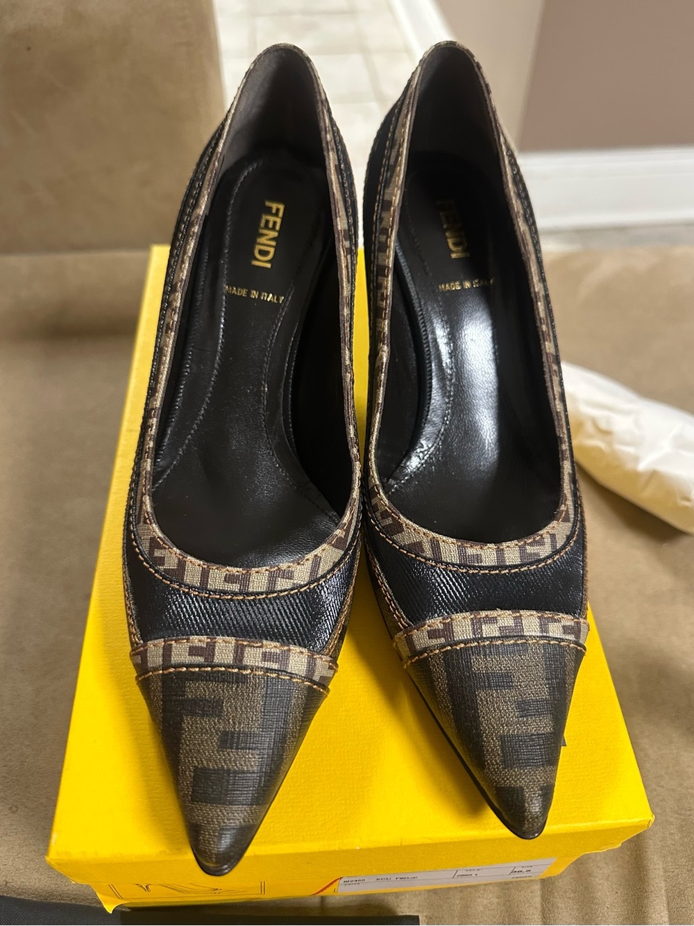 Fendi Brown Monogram Pointed-Toe Pumps with Black Trim